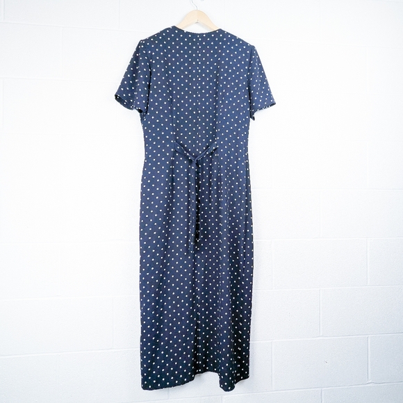 M/L Vintage Traditions Polka Dot Maxi Dress Navy White Button Up Tie Pleated - Picture 2 of 11